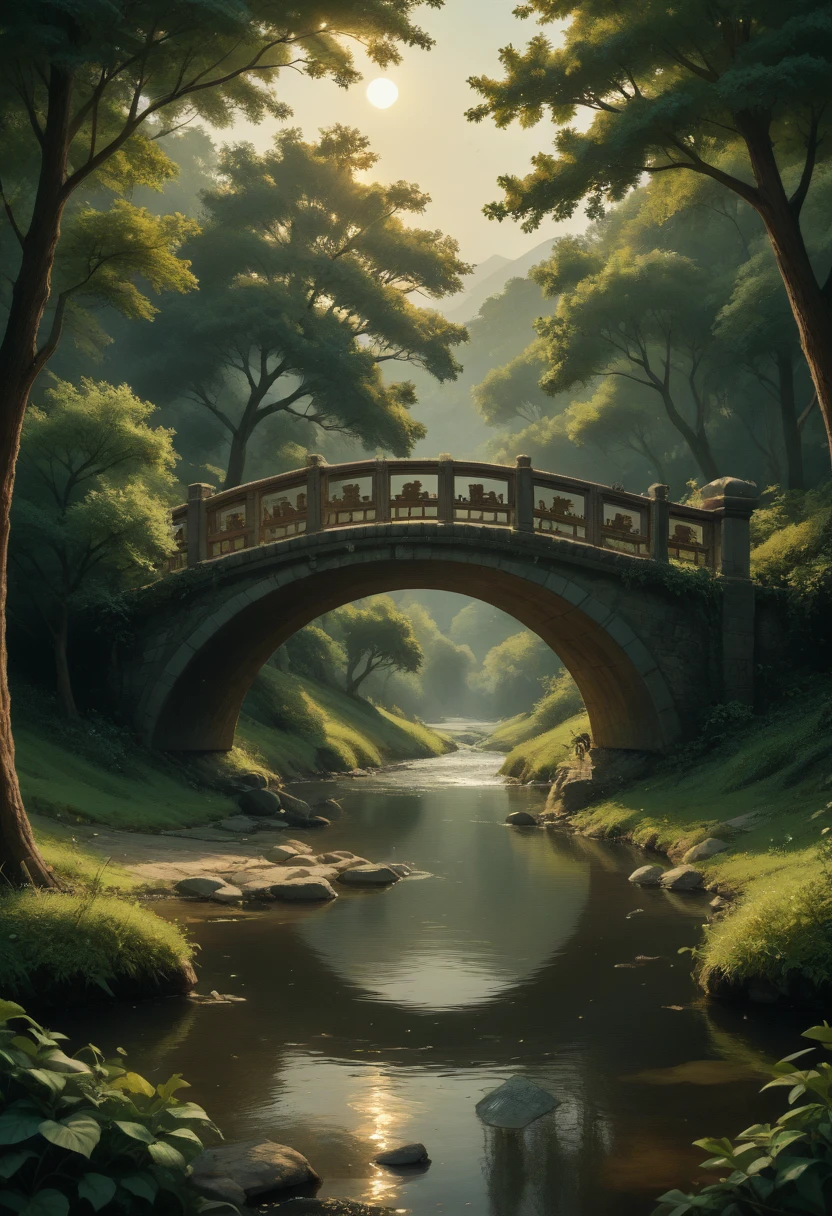 masterpiece, high quality, high resolution,8k, chinese painting ,, Withered vines, aged ((trees)), dusk ((crows)) cawing free,, ((a small bridge)), flowing water, (((a humble dwelling))),  (a horse:1.6),, Westward blows the chilly wind on ((an ancient path)),, As the sun sets, my heart aches with a lonely wrath,, 