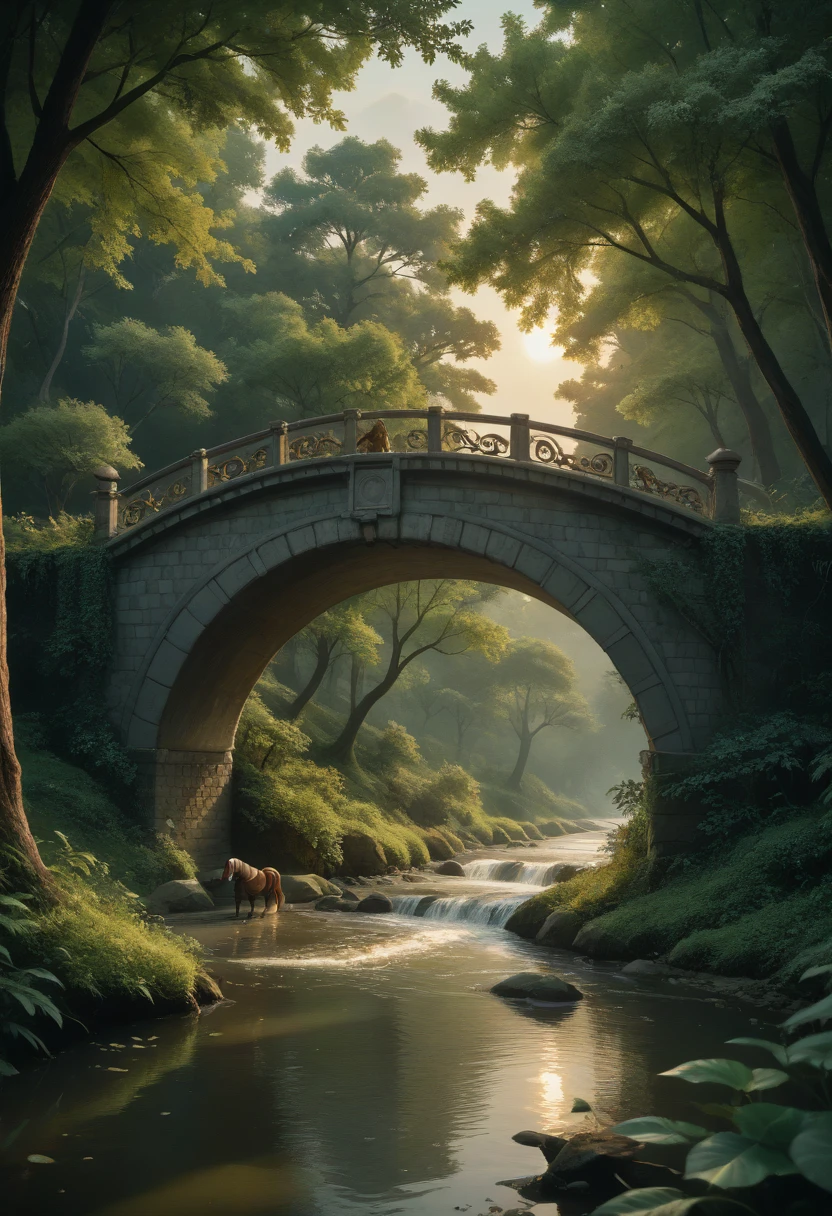 masterpiece, high quality, high resolution,8k, chinese painting ,, Withered vines, aged ((trees)), dusk ((crows)) cawing free,, ((a small bridge)), flowing water, (((a humble dwelling))),  (a horse:1.6),, Westward blows the chilly wind on ((an ancient path)),, As the sun sets, my heart aches with a lonely wrath,, 