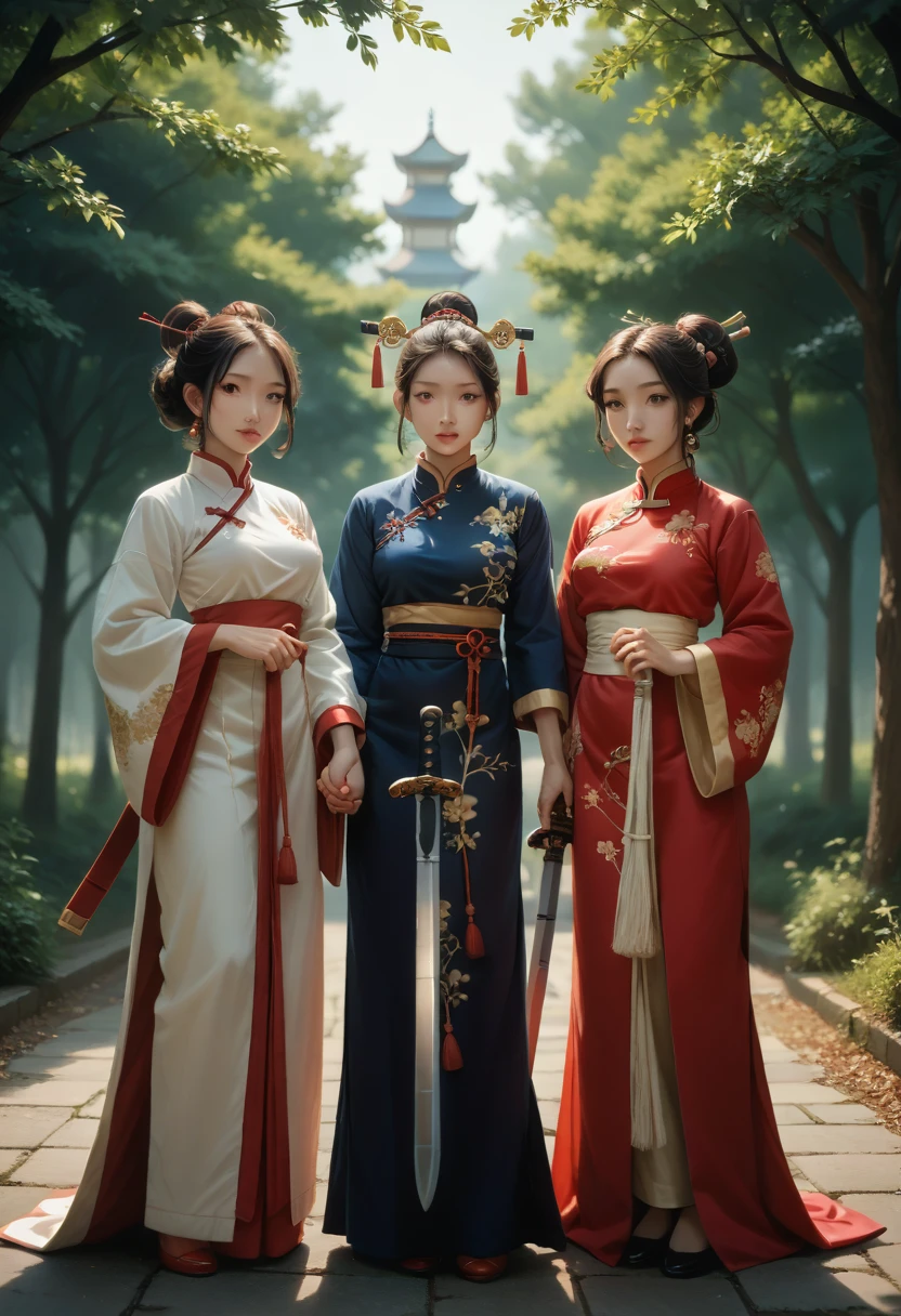 best quality, masterpiece, highres,3girls,Beautiful face,full body,chinese clothes,white Taoist robes,right hand hold sword with (Gorgeous ornamentation),peach trees,