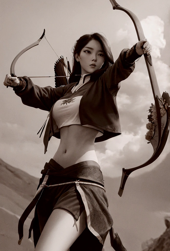 girl in crop top shirt , Archery,  (open navel), 