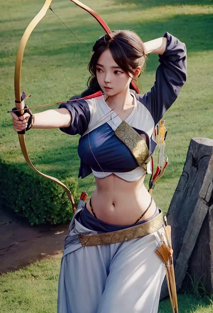 girl in crop top shirt , archery,  (open navel), bow, arrow