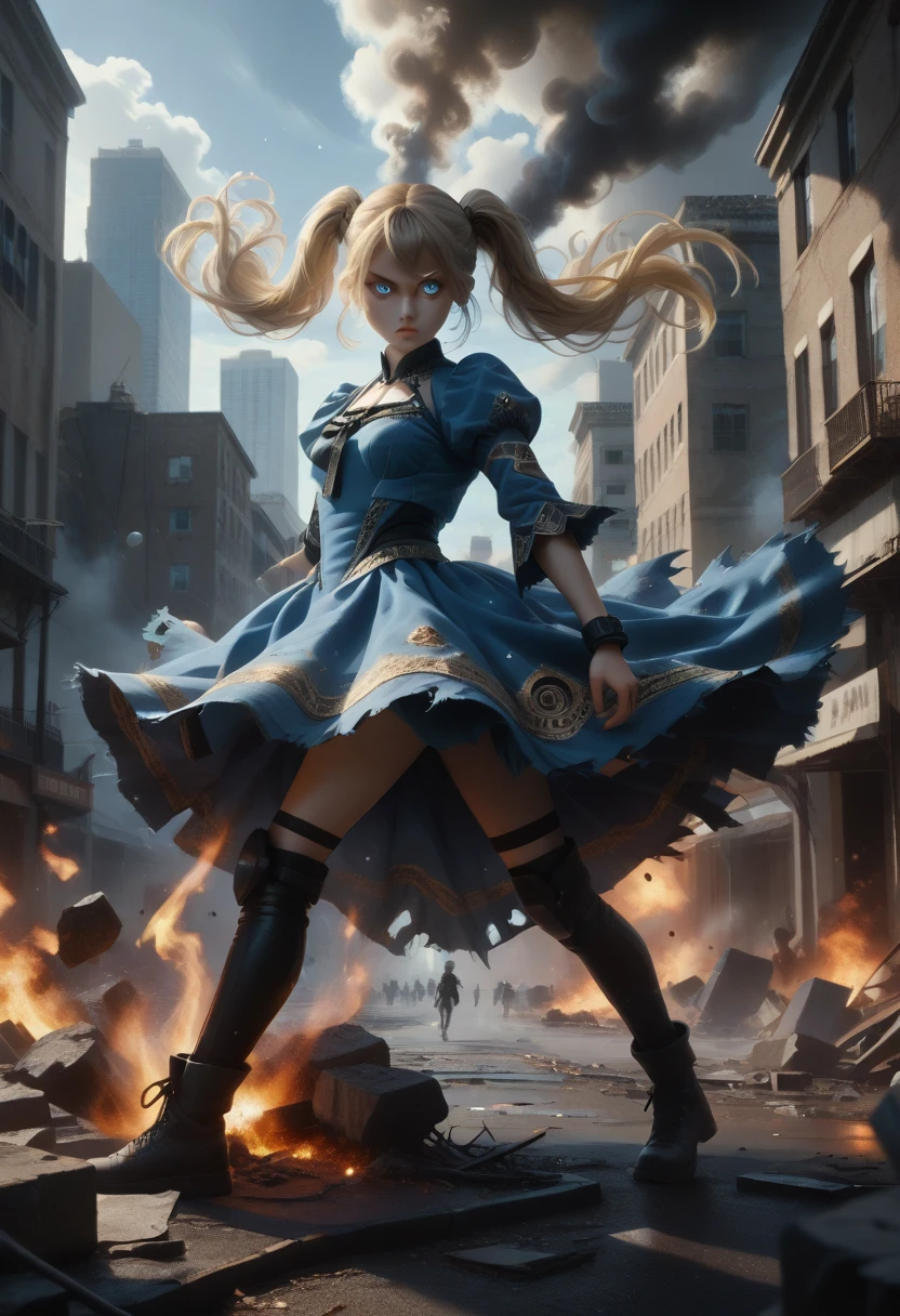 masterpiece, best quality, Bubbles, blue dress, blonde pigtails, pretty face, insanely detailed eyes, intense look, fighting pose, destroyed city, distant fires, rising smoke, 