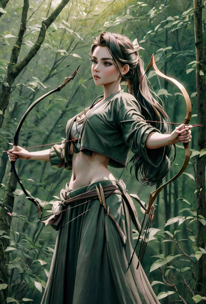 a beautiful young girl in a crop top shirt, holding a bow and arrow, outdoor archery scene, (best quality,4k,8k,highres,masterpiece:1.2),ultra-detailed,(realistic,photorealistic,photo-realistic:1.37),HDR,UHD,studio lighting,extremely detailed face and eyes,beautiful detailed lips,longeyelashes,slender figure,graceful pose,lush green forest background,sunlight filtering through the trees,vivid colors,dramatic lighting,cinematic composition