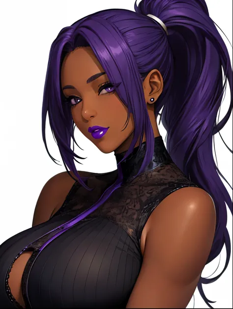 big breasts, lipstick, hair on one eye, long hair, purple hair,ponytail,dress, one person, alone, upper body, face-to-face viewe...