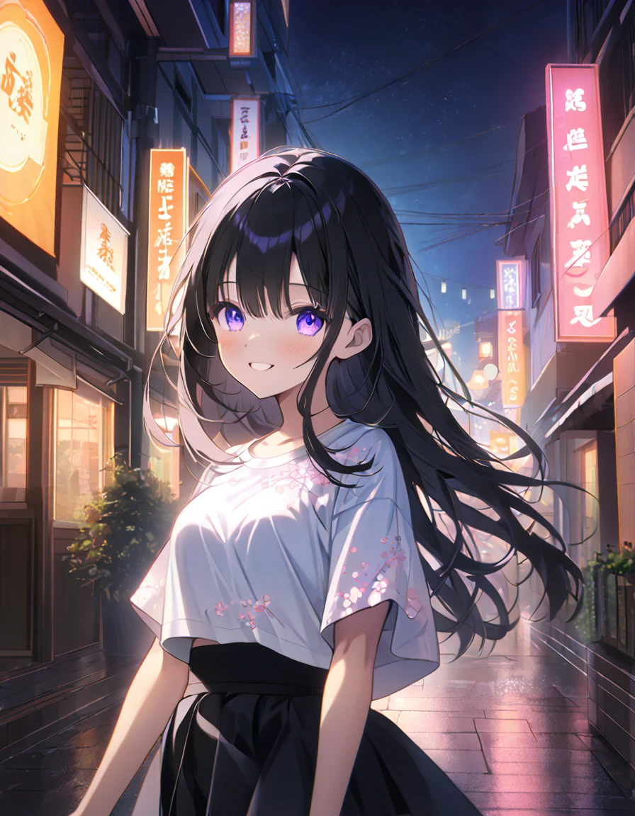 high quality illustration, 16k resolution, detailed, delicate lines, beautiful anime girl, looking up at sakura, nighttime cityscape, neon lights, spring season, pleasant temperature, happy expression, small frame, large chest, slim waist, fair skin, black hair, silky hair, simple outfit, white T-shirt, no accessories, stunning smile, beautiful, artistic, serene atmosphere, night sakura, glowing neon, intricate facial features, delicate eyes, captivating beauty, peaceful walk, night street, breathtaking contrast, artistic depth, emotional impact, MrKb,