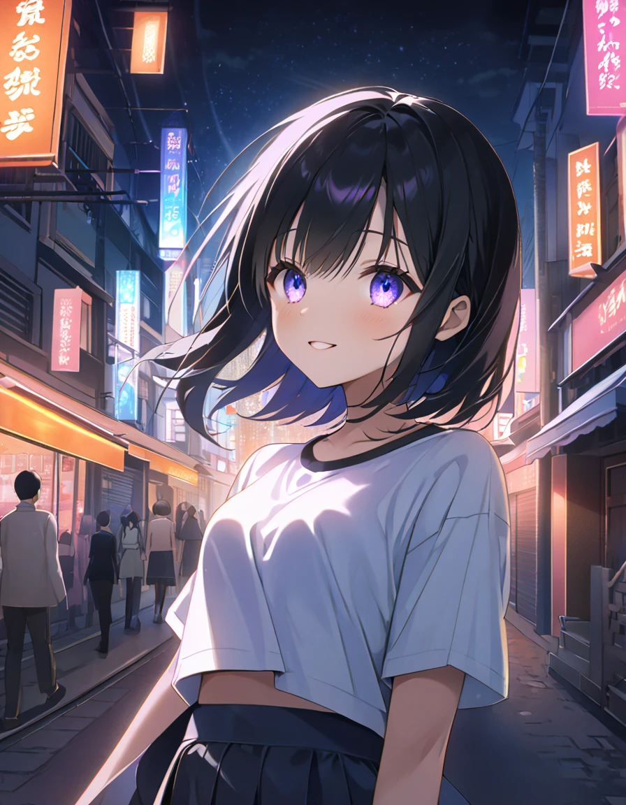 high quality illustration, 16k resolution, detailed, delicate lines, beautiful anime girl, looking up at sakura, nighttime cityscape, neon lights, spring season, pleasant temperature, happy expression, small frame, large chest, slim waist, fair skin, black hair, silky hair, simple outfit, white T-shirt, no accessories, stunning smile, beautiful, artistic, serene atmosphere, night sakura, glowing neon, intricate facial features, delicate eyes, captivating beauty, peaceful walk, night street, breathtaking contrast, artistic depth, emotional impact, MrKb,