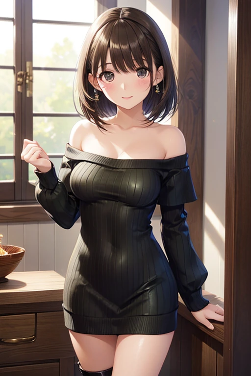 anegasaki nene、Shiny brown hair, short hair, (Beautiful brown eyes、Sparkling eyes, Fine grain)、smile、Ultra-detailed eyes、Highly detailed face, Highly detailed eyes,Cowboy Shot、



(One girl,gravure_Pause), ((Green off-the-shoulder ribbed knit mini dress)),(Long Leather Boots 1.5),,Long legs,Bare shoulder sweater,Are standing、


Cute anime visuals, Beautiful anime girls, Smooth anime CG art, 
 Official artwork, attractive Anime , 