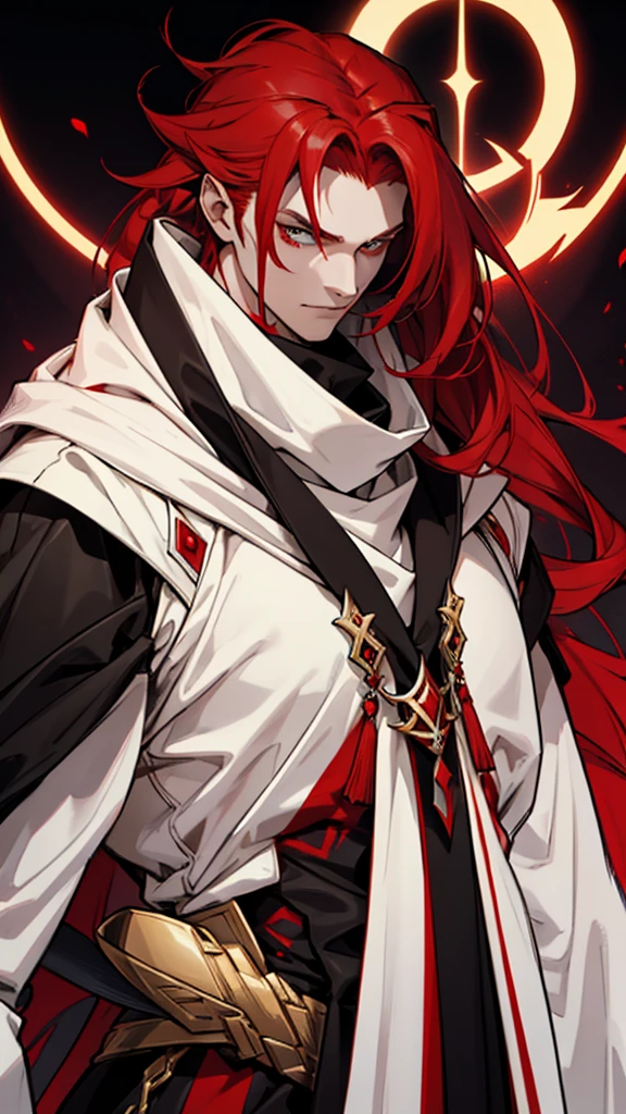 vampyre. golden eyes. Medium length white and red hair. white and red hair. Multijcolor hair. tall height(2M). Muscular and very strong.  New general&#39;s clothes. standing alone, standing. 