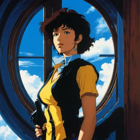 (best quality, masterpiece, high resolution, hd, super detail, official art, 90s anime style), cowboy bebop, short brunette, rug...