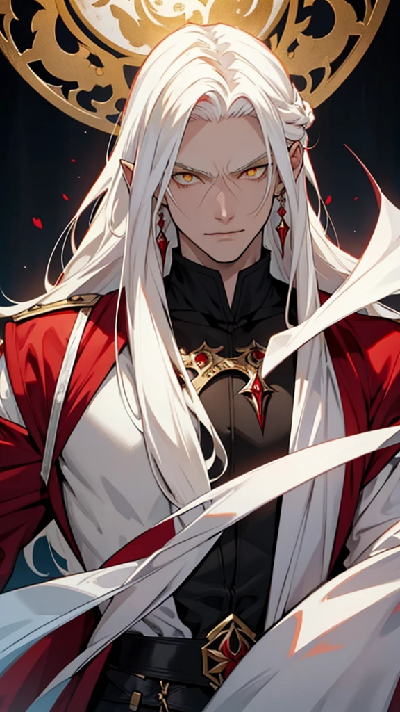 vampyre. golden yellow eyes. Medium length white hair. white and red hair. Multijcolor hair. tall height(2M). Muscular and very strong.  New general&#39;s clothes. standing alone, standing. 