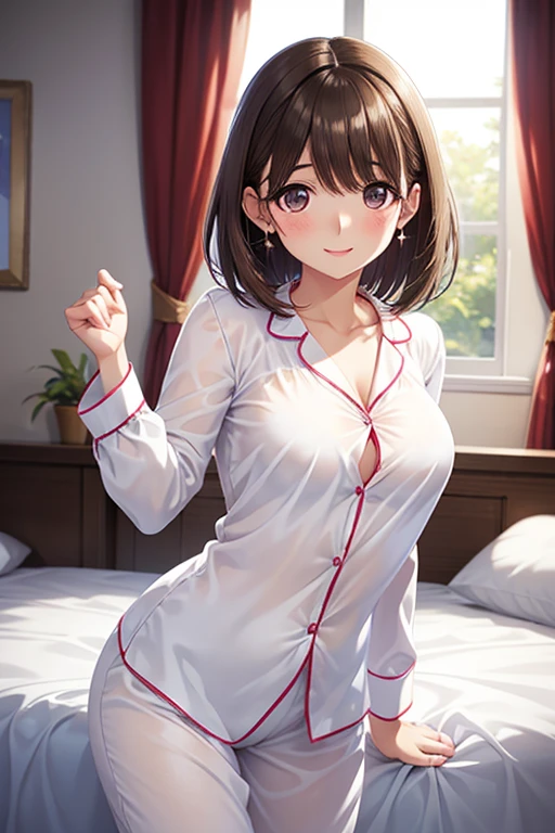 anegasaki nene、Shiny brown hair, short hair, (Beautiful brown eyes、Sparkling eyes, Fine grain)、smile、Ultra-detailed eyes、Highly detailed face, Highly detailed eyes,Cowboy Shot、



1 female,  Large Breasts, Perfect body, Nipple-visible shirt, white satin pajamas, love pattern, Are standing, From behind, blush, smile, In the bedroom, Listen to me, , Transparent pajamas, Front view, , 

Cute girl anime visuals, Beautiful anime girls, Smooth anime CG art, 
 Official artwork, attractive Anime , 