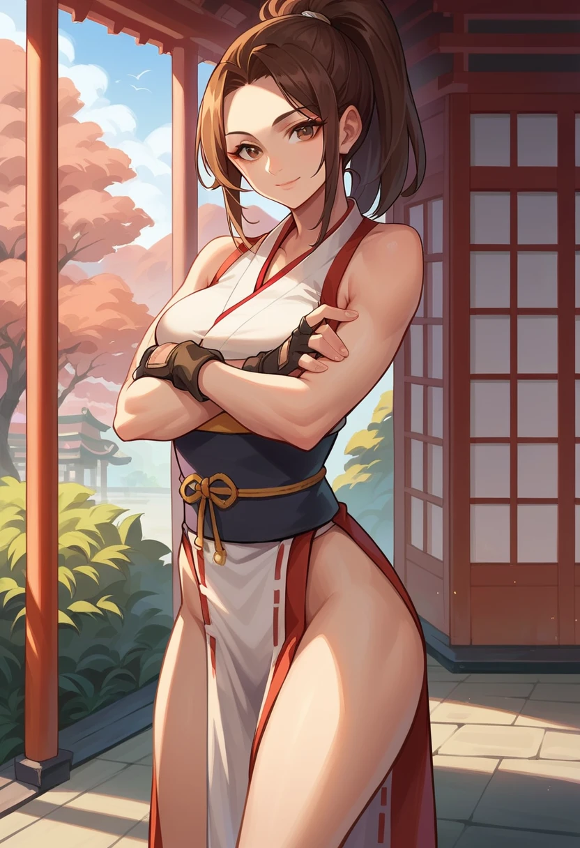 score_9, score_8_up, score_7_up, 1girl, solo, maishirandg, brown hair, brown eyes, high ponytail, pelvic curtain, japanese clothes, sleeveless, sash, no bra, obi, fingerless gloves, standing, crossed arms, sexy smile, looking at you, japanese shrine