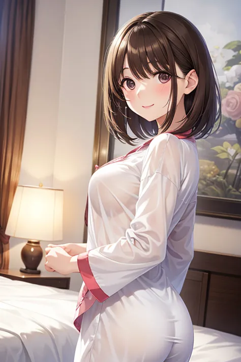 anegasaki nene、shiny brown hair, short hair, (beautiful brown eyes、sparkling eyes, fine grain)、smile、ultra-detailed eyes、highly ...