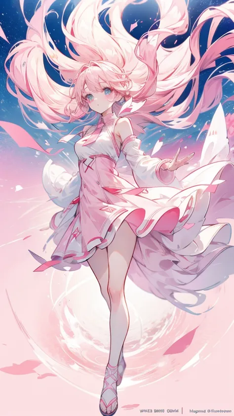 full body illustration, anime character with, pink and white dress, blone hair, blonde, warm tone, (wind), tie hair on both side...