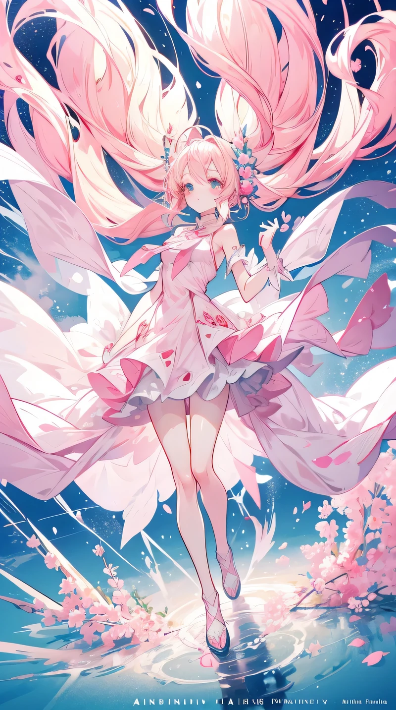 Full body illustration, anime character with, pink and white dress, blone hair, blonde, warm tone, (wind), tie hair on both sides (long), hair floating up, bright, lightning, winner pixiv contest, Sakura Miku, 