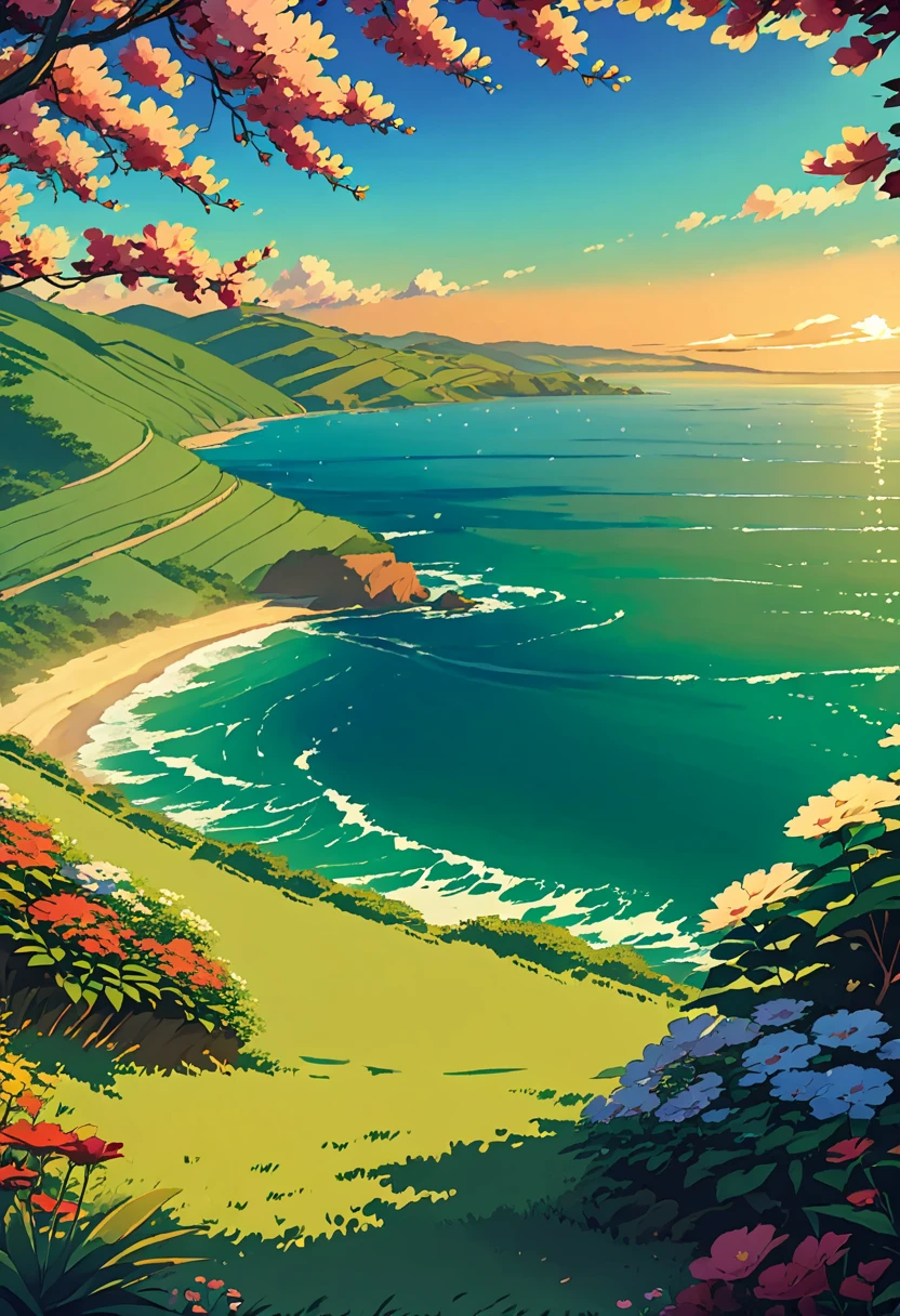 anime girl sitting on a hill overlooking the ocean and flowers, anime beautiful peace scene, beautiful anime scene, beautiful animated landscape, beautiful anime, anime nature, makoto shinkai cyril rolando, anime nature wallpap, beautiful anime artwork, animated landscape, animated landscape, beautiful anime art, anime art wallpaper 4k, anime art wallpaper 4k, animated background art