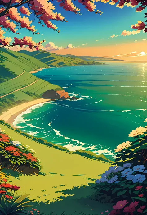 anime girl sitting on a hill overlooking the ocean and flowers, anime beautiful peace scene, beautiful anime scene, beautiful an...