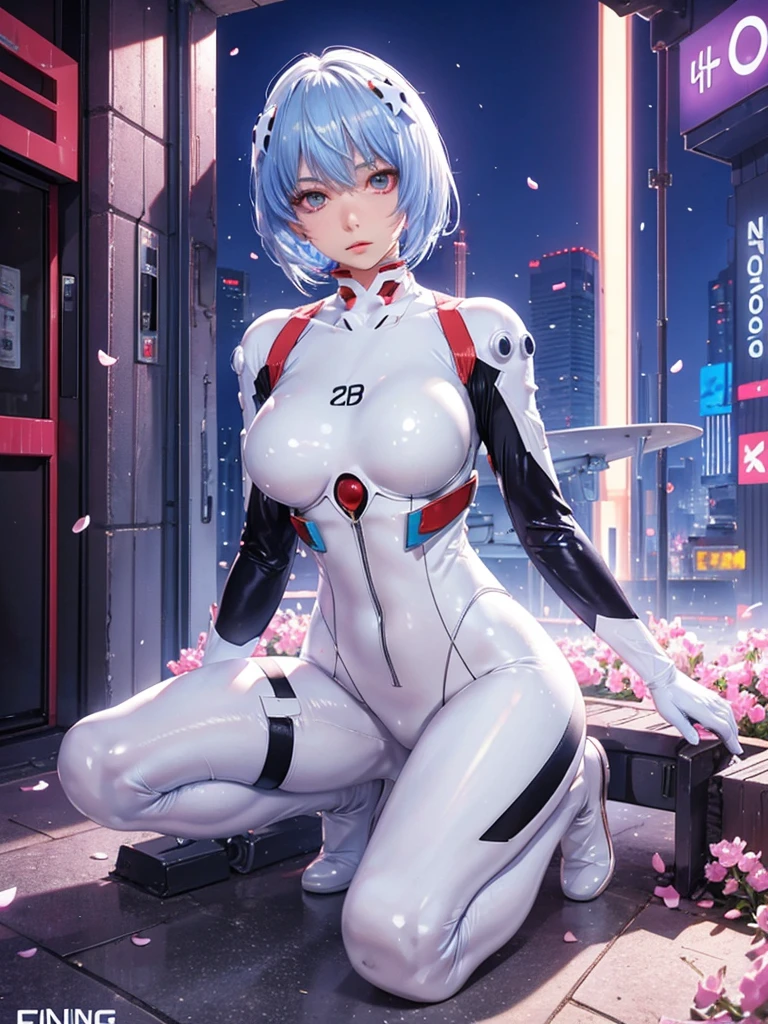 (Realistic, photoRealistic), ayanami_king, One Girl, Blue Shorthair, White hair ornament, ((White bodysuit, gloves)), Saiharu Body), Sit on the ground, (Cowboy Shot),(Tabletop, high quality, 最high quality), (colorful),(Delicate eyes and face), Volumetric Light, Ray Tracing, Highly detailed CG Unity 8k wallpaper,alone((Flying petals)),Outdoor, ((cyber punk)), Cyber City, ((Neon Trim)), night,(Cityscape),frontage,(Spread your legs)