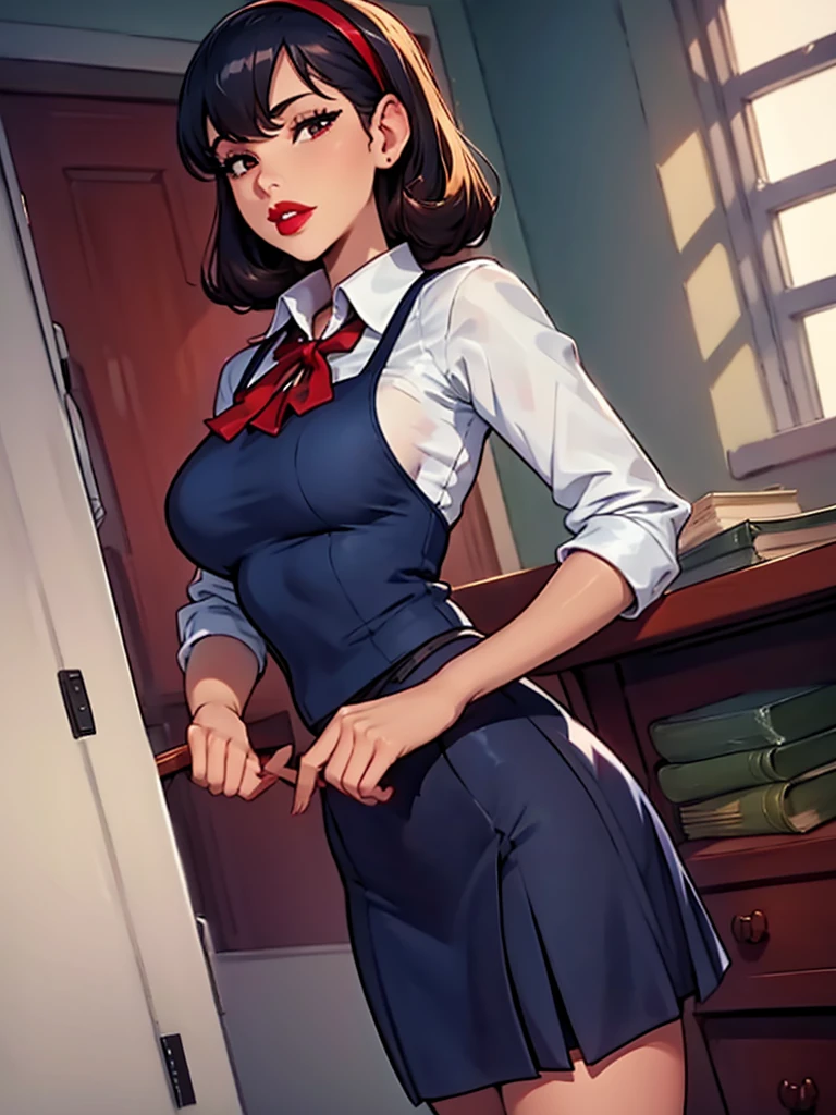 Sharona, wearing a navy office suit, white shirt, navy skirt,red lips,hairband, black tights, high quality, 