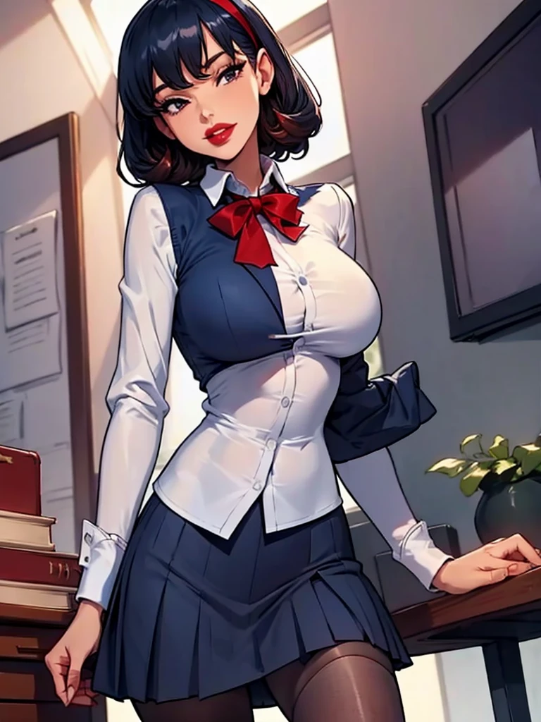 Sharona, wearing a navy office suit, white shirt, navy skirt,red lips,hairband, black tights, high quality, 