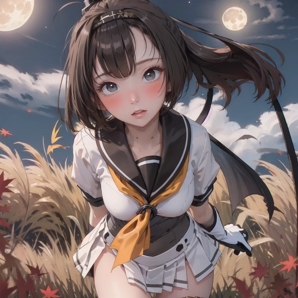 (masterpiece, Highest quality:1.4), Highest quality, masterpiece, High resolution,
(Perfect Anatomy), (Symmetrical eyes, Highly detailed eyes, Beautiful Eyes), (, Highly detailed face, Beautiful Face), (black eyes),
destroy the girl, alone,,((Browsing Caution)), (Second from the bottom.1)
Autumn MoonKC, (Autumn Moon) uniform, (black) head band, (black) Sailor collar, (yellow) neckerchief, (colorful) gloves, (white) Pleated skirt, (gray) boots, (white)(black) gloves, (Right side) Thigh straps,(Short sleeve) Seraphim, (gray) corset, mini skirt,Blushing at the viewers&#39; gaze, Cowboy Shot, To the audience:, smile, (Pool Background),Wet clothes, Wet Hair
(Skirt flip), Full-fledged panties, bending