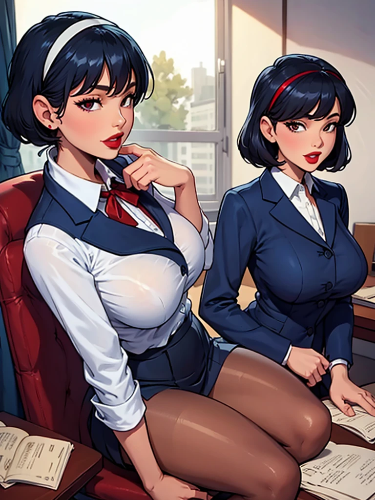 Sharona, wearing a navy office suit, white shirt, navy skirt,red lips,hairband, black tights, high quality, 