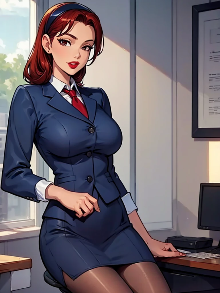 Sharona, wearing a navy office suit, white shirt, navy skirt,red lips,hairband, black tights, high quality, 