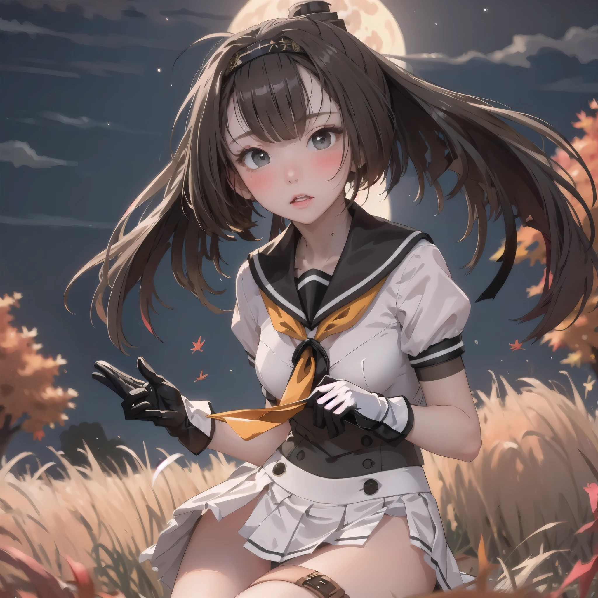 (masterpiece, Highest quality:1.4), Highest quality, masterpiece, High resolution,
(Perfect Anatomy), (Symmetrical eyes, Highly detailed eyes, Beautiful Eyes), (, Highly detailed face, Beautiful Face), (black eyes),
destroy the girl, alone,,((Browsing Caution)), (Second from the bottom.1)
Autumn MoonKC, (Autumn Moon) uniform, (black) head band, (black) Sailor collar, (yellow) neckerchief, (colorful) gloves, (white) Pleated skirt, (gray) boots, (white)(black) gloves, (Right side) Thigh straps,(Short sleeve) Seraphim, (gray) corset, mini skirt,Blushing at the viewers&#39; gaze, Cowboy Shot, To the audience:, smile, (Pool Background),Wet clothes, Wet Hair
(Skirt flip), Full-fledged panties, bending