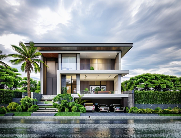 Modern style townhouse, with glass railings on the balcony and green trees, many light effects, cloudy sky, sun
