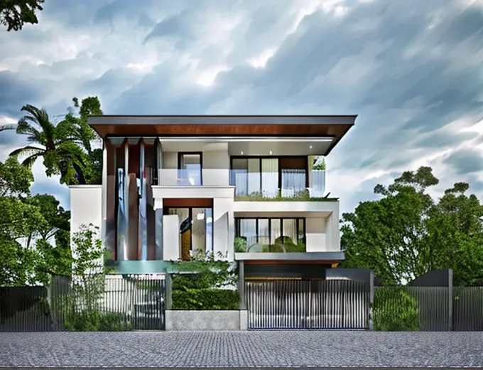 modern style townhouse, with glass railings on the balcony and green trees, many light effects, cloudy sky, sun