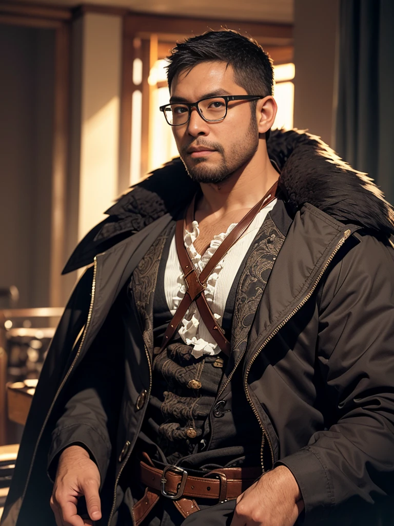 solo, crew cut, (((full body))), mature man, [slightly fat], asian man, brown eyes, rounded face, glasses, slightly balding, (((stubbles, Short beard))), (((full beard))), (Beautiful eyes:1.3), (Detailed face:1.3), cover page, highres, top quality, best quality, paid reward available, unparalleled masterpiece, perfect artwork, absurdres, High-quality illustrations, super high resolution, detailed background, perfect anatomy(kemono, furry anthro, boy, girl)Hospitals with power outages, Spooky creatures, Pirate Ship, a pirate,  good lighting, cinematic shadow,