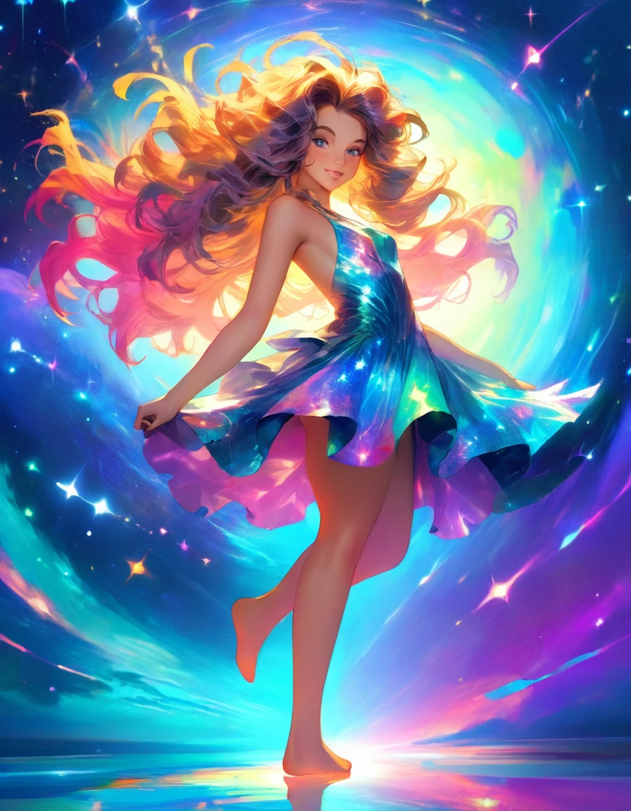 a beautiful nude woman with big messy hair, seductive pose, curvy, full body, vibrant, cute detailed digital art, colorful digital fantasy art, digital fantasy art ), glossy digital painting, pastel vibrant. In outer space.