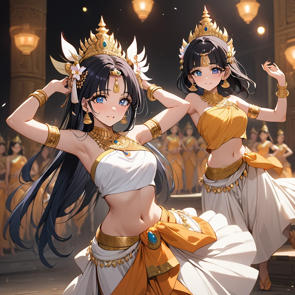 ((Highest quality)), ((masterpiece)), (detailed), （Perfect Face）、The woman is Reika Aoki with semi-long hair、A woman is dancing the Apsara dance in Cambodia wearing the costume of the Cambodian dance Apsara.