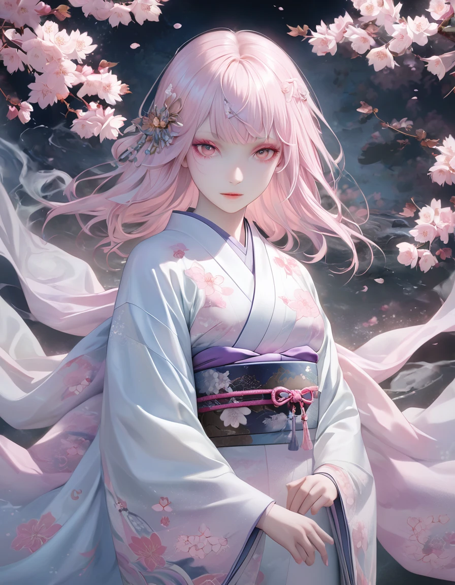 A hyper-realistic, highly detailed, and high-resolution 16k image of a young, beautiful female ghost or guardian spirit. She has light pink hair and translucent skin, and is dressed in a traditional Japanese kimono with a small cherry blossom design on the obi. The image captures the ethereal beauty and mystique of the spirit world. The style is inspired by the delicate, soft aesthetic found in traditional Japanese art.