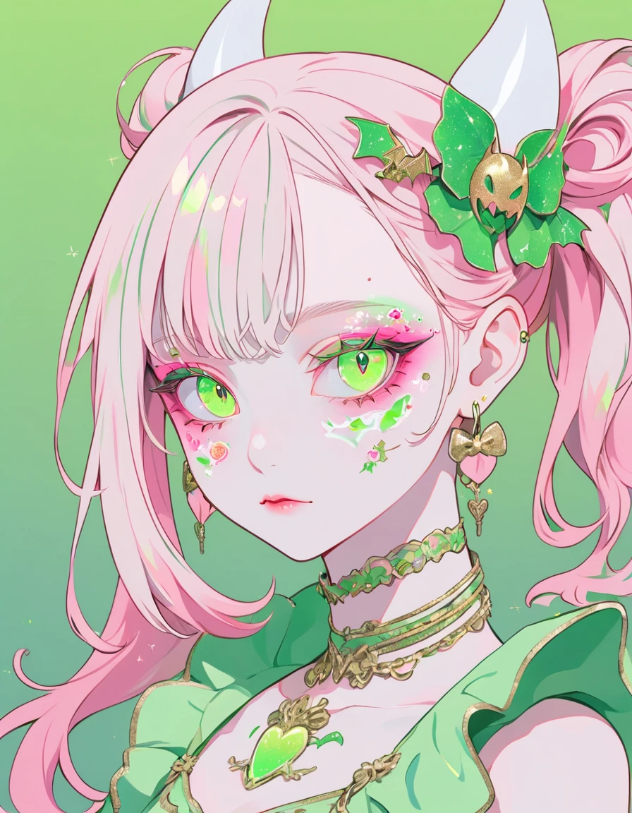 A lovely girl with a pink and white embroidered ribbon around her neck and a bat on her shoulder. Green gradient background, red blush, light green eyes, Fluorescent grout pink green skirt, green exaggerated eye makeup, fluorescent earrings, Gold glitter and grout on her face, ultra white skin, digital illustration style, fluorescent green color scheme, soft shadows, Simple line art, close-up, minimalism, Fantasy, Anime, pastel colors, cartoon character Portraits, 