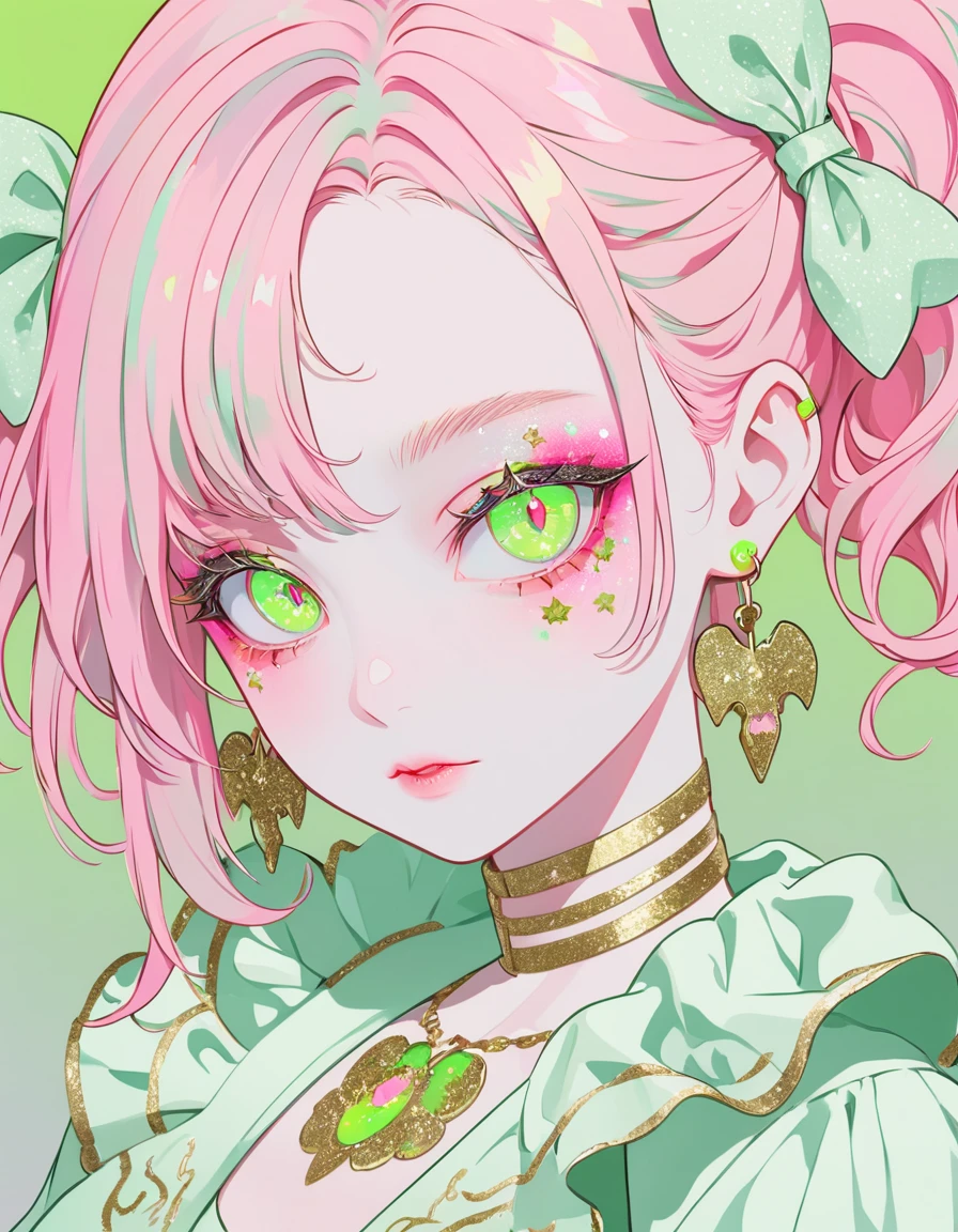 A lovely girl with a pink and white embroidered ribbon around her neck and a bat on her shoulder. Green gradient background, red blush, light green eyes, Fluorescent grout pink green skirt, green exaggerated eye makeup, fluorescent earrings, Gold glitter and grout on her face, ultra white skin, digital illustration style, fluorescent green color scheme, soft shadows, Simple line art, close-up, minimalism, Fantasy, Anime, pastel colors, cartoon character Portraits, 