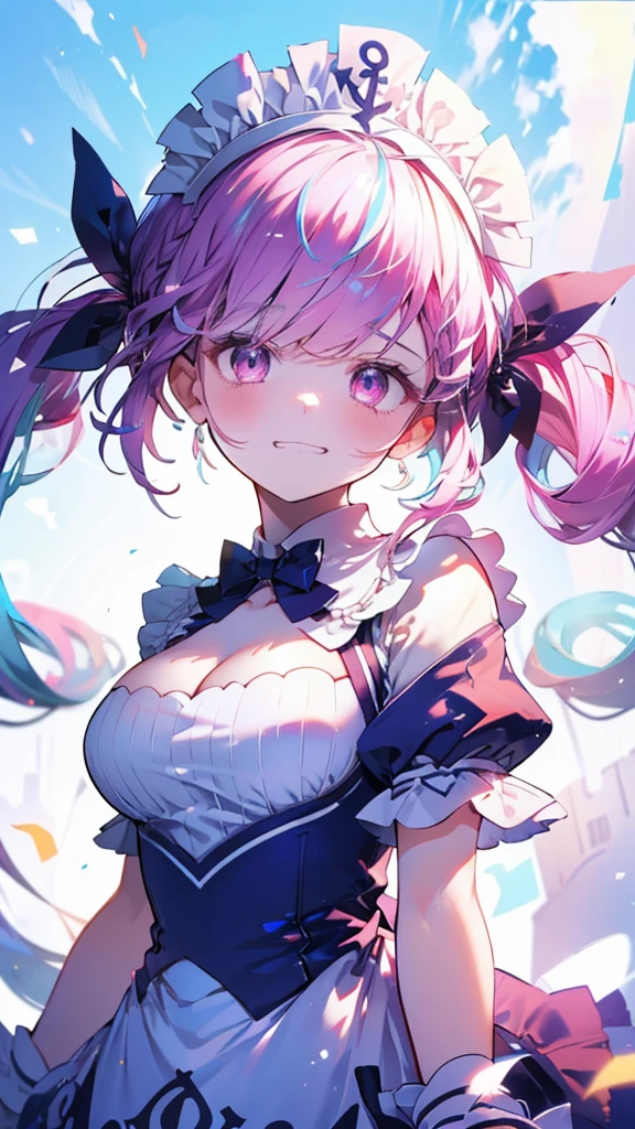 (Highest quality:1.2), (Very detailed:1.2),(masterpiece:1.2),(8k:1.2),(Blessed,Captivating body、Very beautiful eyes、Very detailed肌、Very detailed顔,Detailed Background), aaaqua, twintails, drill hair, maid headdress, cleavage, short sleeves, wrist cuffs, (summer background,Blue Sky background), (Sad smile:1.5)