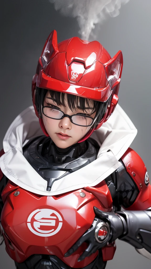 Highest quality　8k Red Cyber Robot Suit Girl　Kindergarten　Sweaty face　cute　short hair　boyish　Steam coming out of my head　My hair is wet with sweat　The feel of black hair　Full body portrait　My upper body is soaked　Glasses