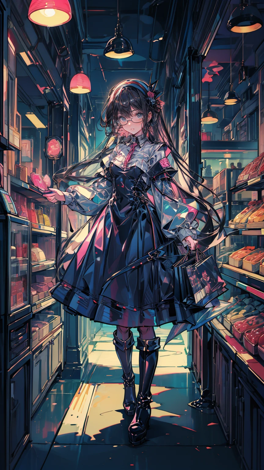 、Anime Style、Storytelling、、beautiful girl、とてもcute天使、Pink Gothic Dress、cute、Baby Face、smile、Long skirt、Black long boots、shopping、shoppingモール、Inside the store、Gothic Shop
