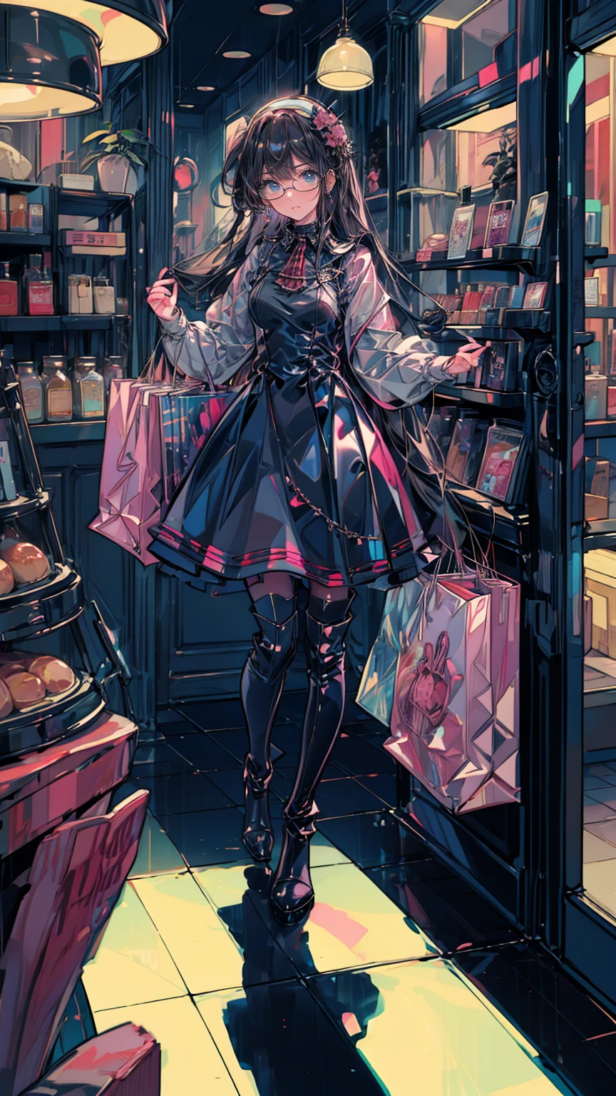 、Anime Style、Storytelling、、beautiful girl、とてもcute天使、Pink Gothic Dress、cute、Baby Face、smile、Long skirt、Black long boots、shopping、shoppingモール、Inside the store、Gothic Shop
