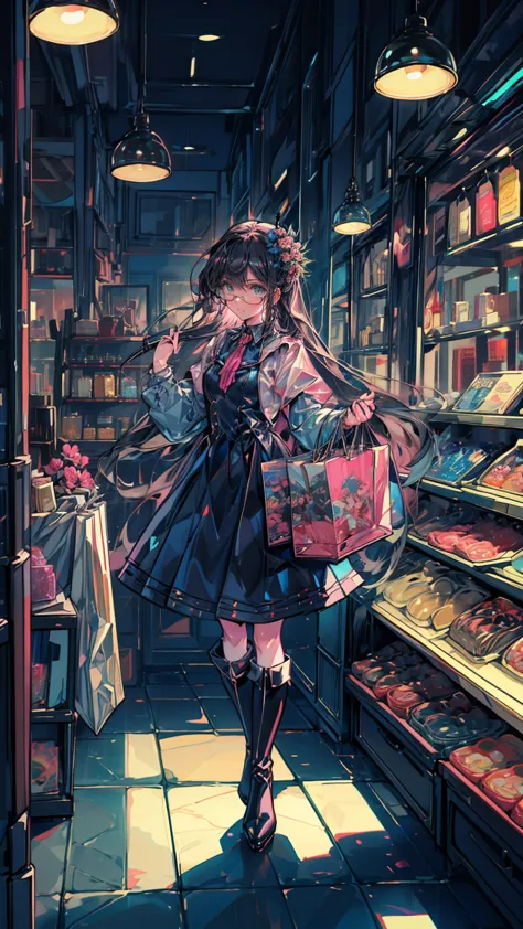 、anime style、storytelling、、beautiful girl、とてもcute天使、pink gothic dress、cute、baby face、smile、long skirt、black long boots、shopping、...