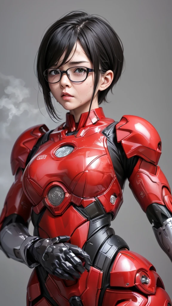 Highest quality　8k Red Robot Suit Girl　Kindergarten　Sweaty face　cute　short hair　boyish　Steam coming out of my head　My hair is wet with sweat　The feel of black hair　Full body portrait　My upper body is soaked　Glasses　Spread your legs　I can see the vagina　Leaning my back and doing a bridge　