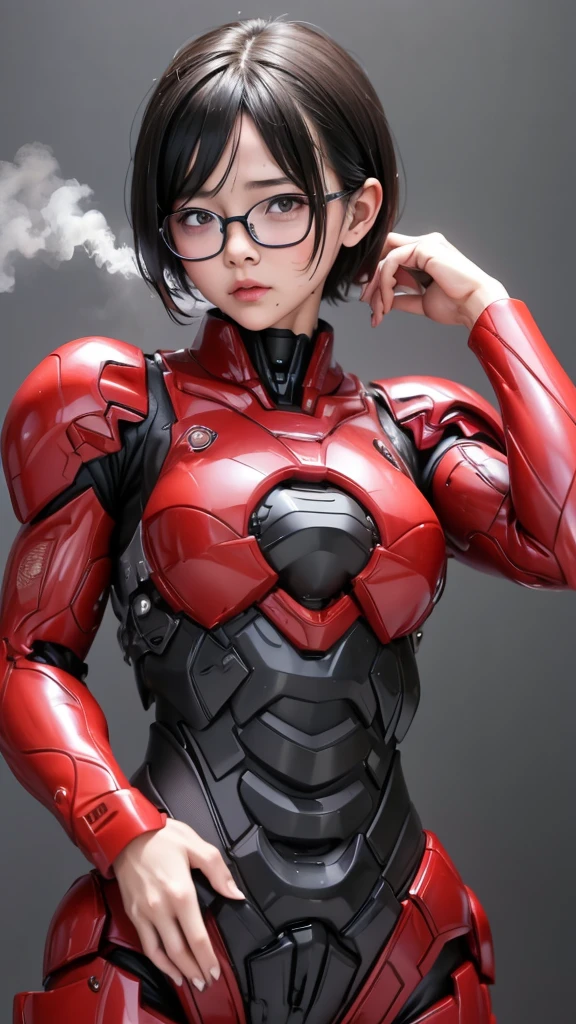 Highest quality　8k Red Robot Suit Girl　Kindergarten　Sweaty face　cute　short hair　boyish　Steam coming out of my head　My hair is wet with sweat　The feel of black hair　Full body portrait　My upper body is soaked　Glasses　Spread your legs　I can see the vagina　Leaning my back and doing a bridge　