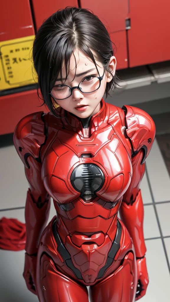 Highest quality　8k Red Robot Suit Girl　Kindergarten　Sweaty face　cute　short hair　boyish　Steam coming out of my head　My hair is wet with sweat　The feel of black hair　Full body portrait　My upper body is soaked　Glasses　Spread your legs　I can see the vagina　Leaning my back and doing a bridge　