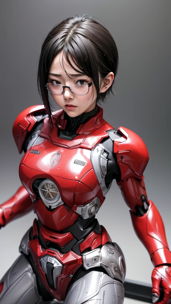 Highest quality　8k Red Robot Suit Girl　Kindergarten　Sweaty face　cute　short hair　boyish　Steam coming out of my head　My hair is wet with sweat　The feel of black hair　Full body portrait　My upper body is soaked　Glasses　Spread your legs　I can see the vagina　Leaning my back and doing a bridge　