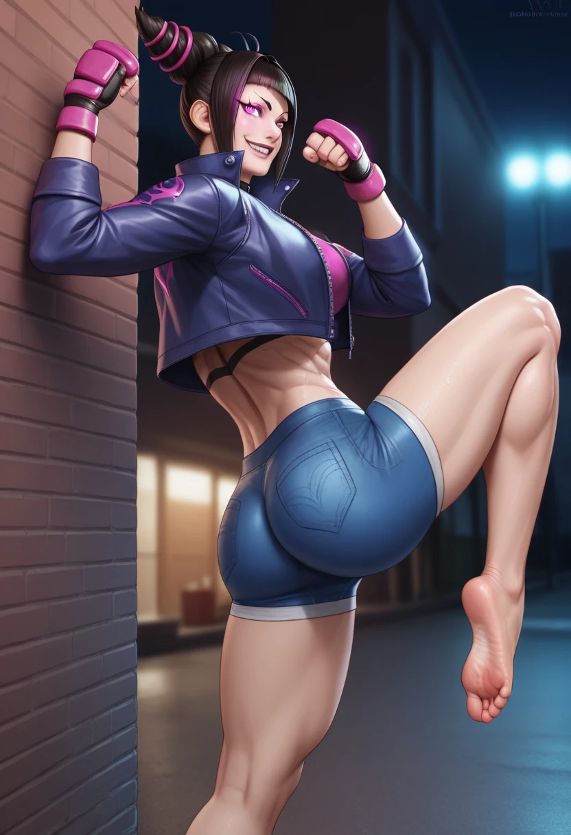 score_9, score_8_up, score_7_up, BREAK, 1girl, solo, cowboy shot, large breasts, street fighters6 Juri Han, \(Street Fighter\), night, back alley, raised leg, toothy grin, purple eyes, one glowing eye, turning kick, Detailed entire soles of bare feet, Wide Hips, Big round breasts,  abdomen, tight shorts, open jacket, lips, Crop top, black choker, scar, Abdominal muscles, (Antenna Hair, blue jacket), scar on face, amount, (cropped jacket), Toned Up, Sporting goods, nose, yoga shorts, black Sporting goods, (denim jacket), Cowboy Shot, Outdoor, Detailed drawing of the soles of the feet, Accurate depiction of the fingers, Accurate depiction of the toes, Beautiful muscular legs, Beautiful muscular arms, Wet transparent pants ,Beautiful female genitalia, Realistic Anal, Wet soles, Asshole