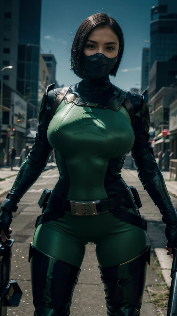 Viper da valorant,(best qualityer,4K,8k,high resolution,work of art:1.2)(weather: windy), Korean female,city battle background, green and black body suit, face mask, goth makeup, thigh high boots, belt,short hair,ultra detailed,realisitic,portraite,beautiful detailed green eyes,beautiful detailed lips,extremely detailed eye and face, long eyelashes,sexly,average,large breasts,beaming smile,powerful girl in battle, flexing stance, stunning curves,bright coloured,dramatic lighting,