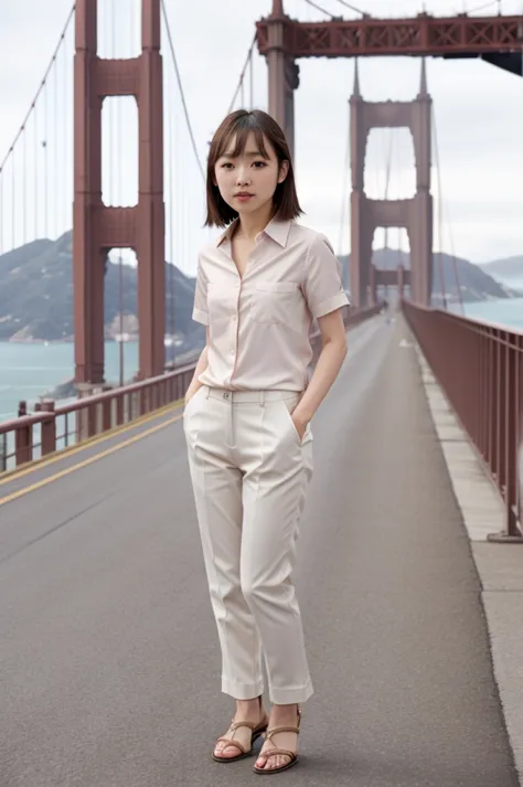 full_body, standing, sandals, (shirt), pants, (golden gate bridge), (anjou_kozuki: 1.2), perfect face, (contact iris: 1.1), pale...