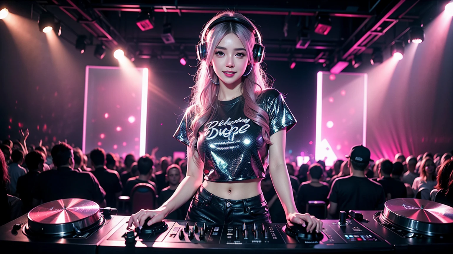 (Ultra - Detailed, 16K resolution, Cinema Lens，Rendering with high octane),Young woman painting a picture，She has white and pink hair, Use silver DJ headphones, Shiny Silver Spangle T-Shirt, (Exclusive Pop Hip Hop Clothing:1.3), Smile while DJing on stage.Full body shot while standing in front of DJ equipment, The spotlight is on the DJ. Wait for the start of realistic style photos of Disco Lighting