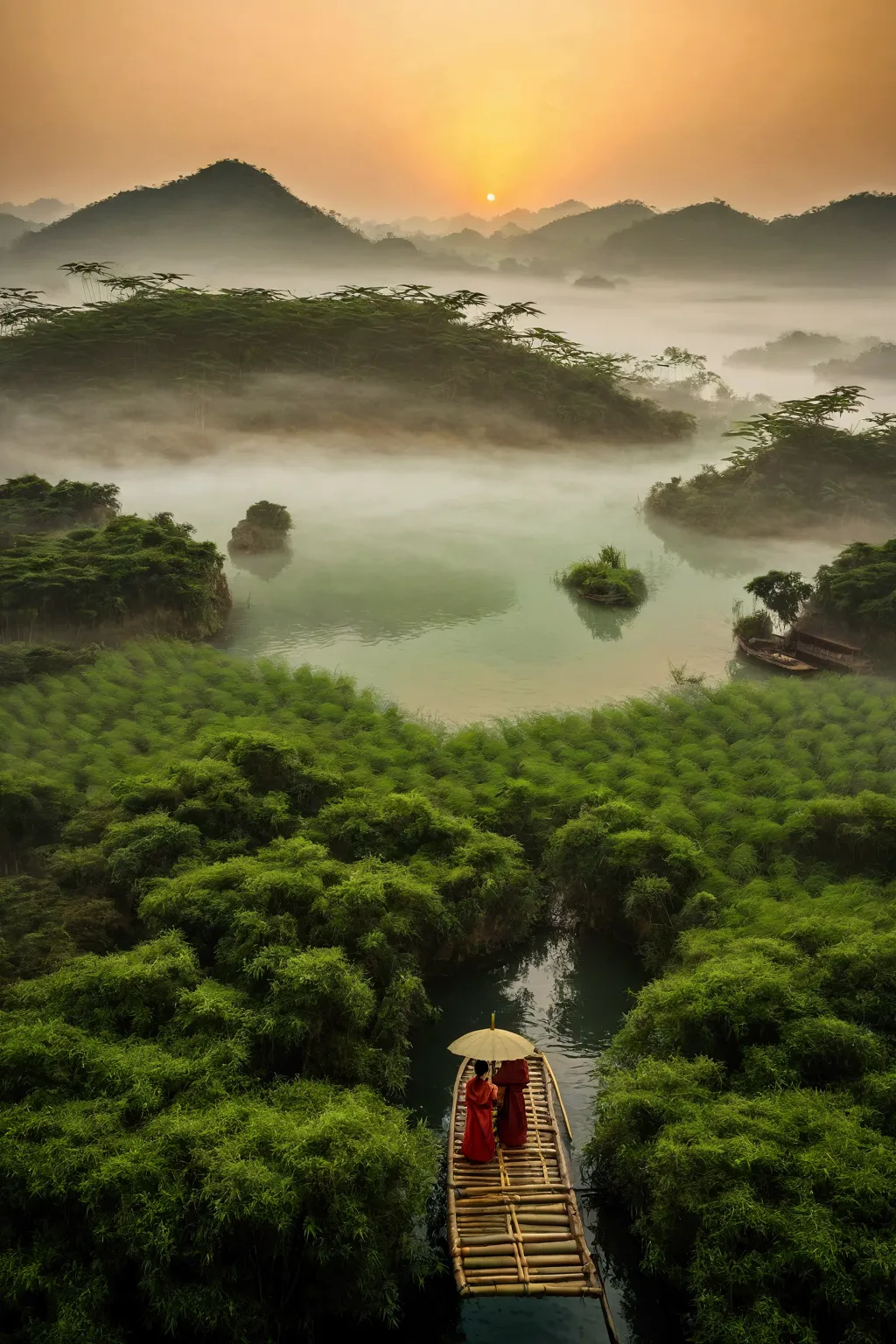 misty，sunset through the fog，aerial view of a 92-degree angle shot of a bamboo raft tied with bamboo，a woman wearing hanfu on a ...